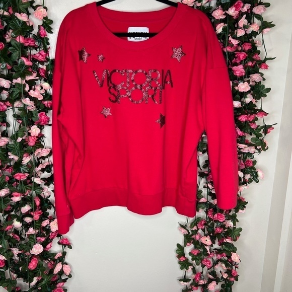 Victoria Sport Red Scoopneck Fleece Lined Sweater Graphic Sparkly L Oversized - Picture 1 of 10